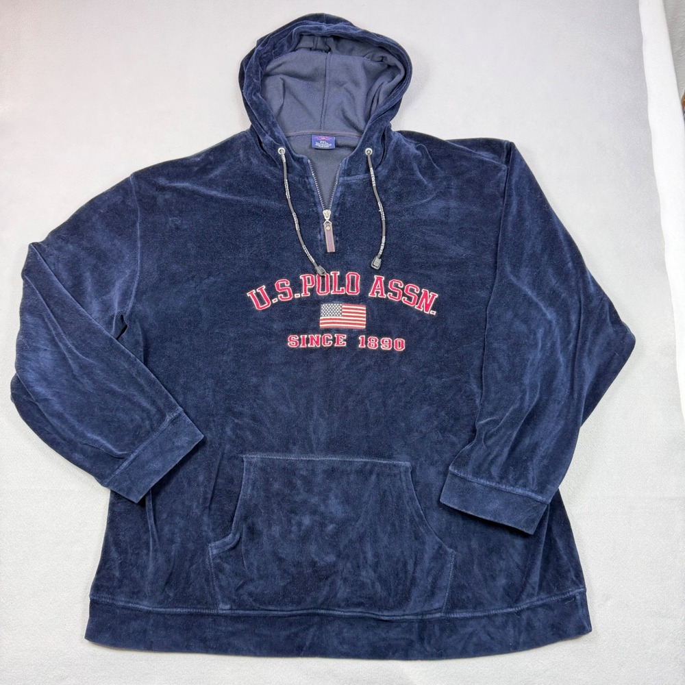 US Polo Assn Velour Hoodie Mens 2XL Navy Blue Quarter Zip Embroidered Logo